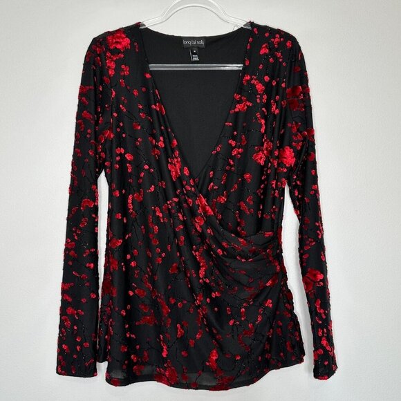 Long Tall Sally Surplice Blouse Size M Black Red Velvet Burnout Floral - Picture 1 of 11